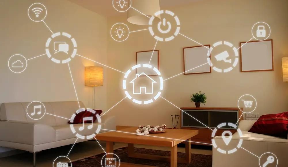 Living room with smart home security system icons